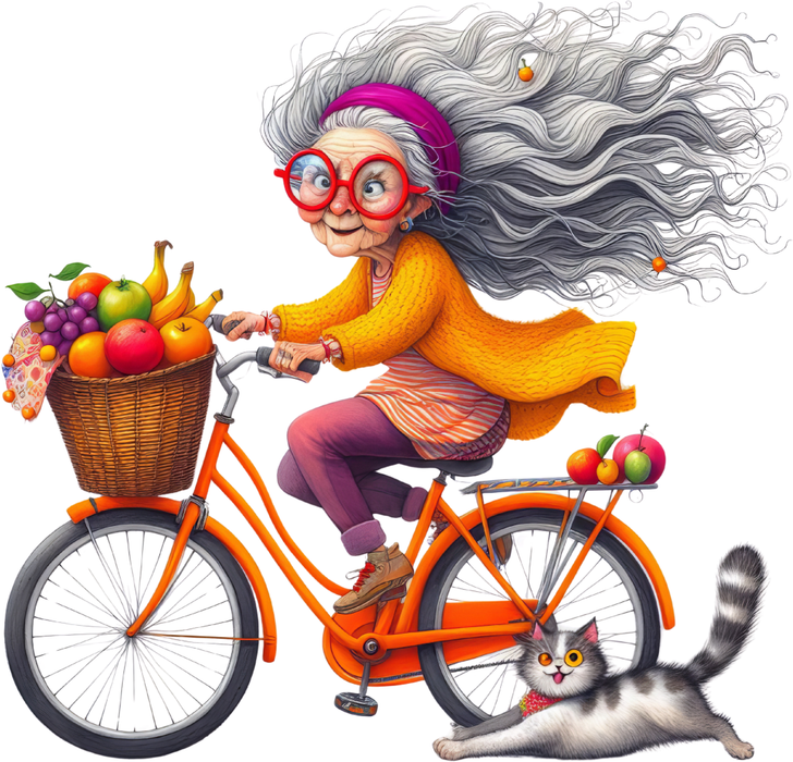 Motivtransfer 6356 Lustige Seniorin mit Fahrrad