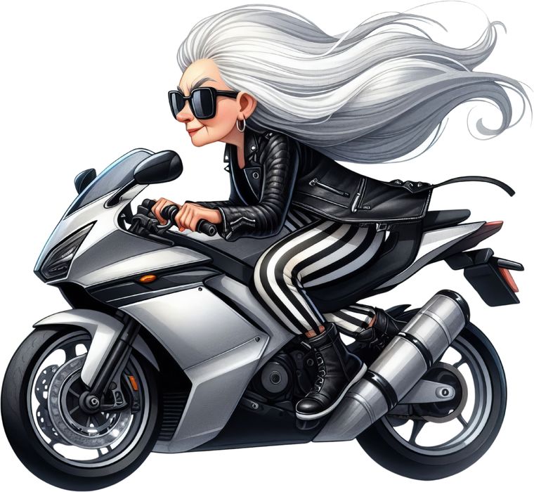 Motivtransfer 6361 Lustige Seniorin auf Motorrad