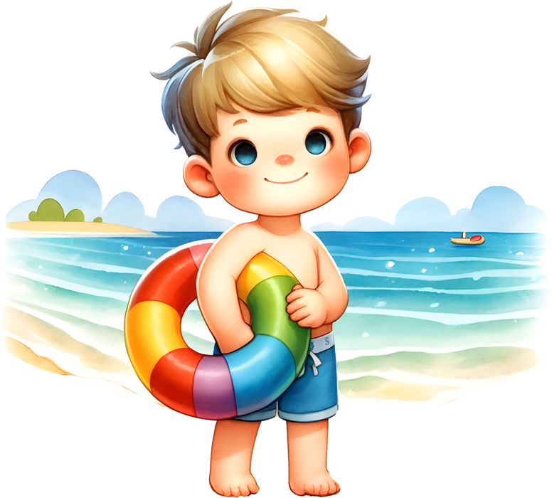 Motivtransfer 6775 Kind mit Schwimmreifen am Strand