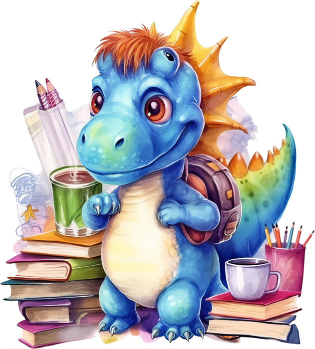 Motivtransfer 7201 Dino geht zur Schule mit Malsachen