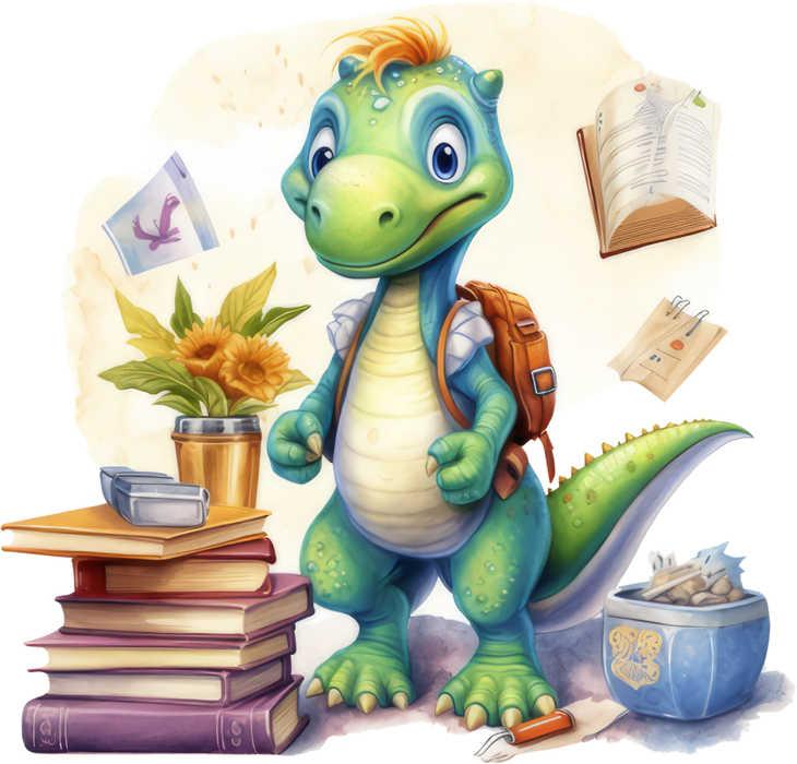 Motivtransfer 7205 Dino geht zur Schule mit Büchern