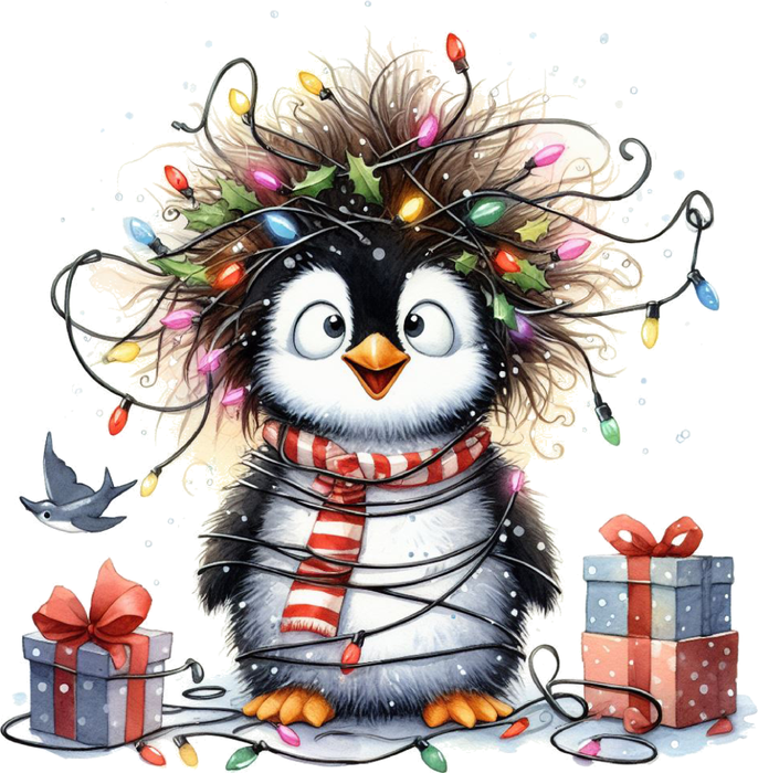 Motivtransfer 7236 Pinguin mit Lichterkette und Vogel