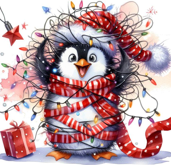 Motivtransfer 7241 Pinguin mit Lichterkette und Geschenk