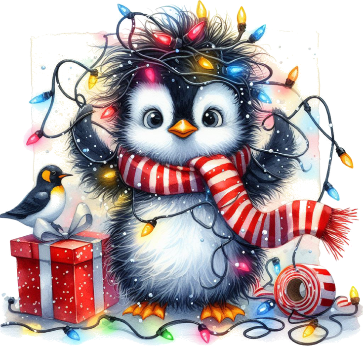 Motivtransfer 7248 Pinguin mit Geschenk und Lichterkette
