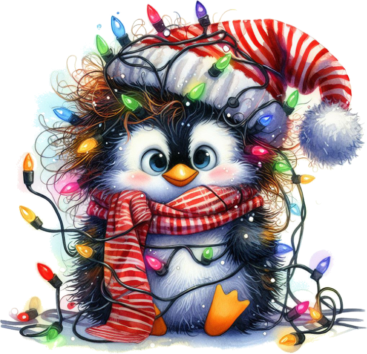 Motivtransfer 7251 Pinguin mit Lichterkette und Mützen