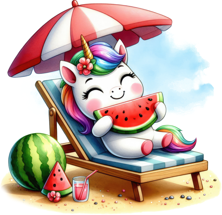 Motivtransfer 7312 Einhorn im Liegestuhl isst Wassermelone