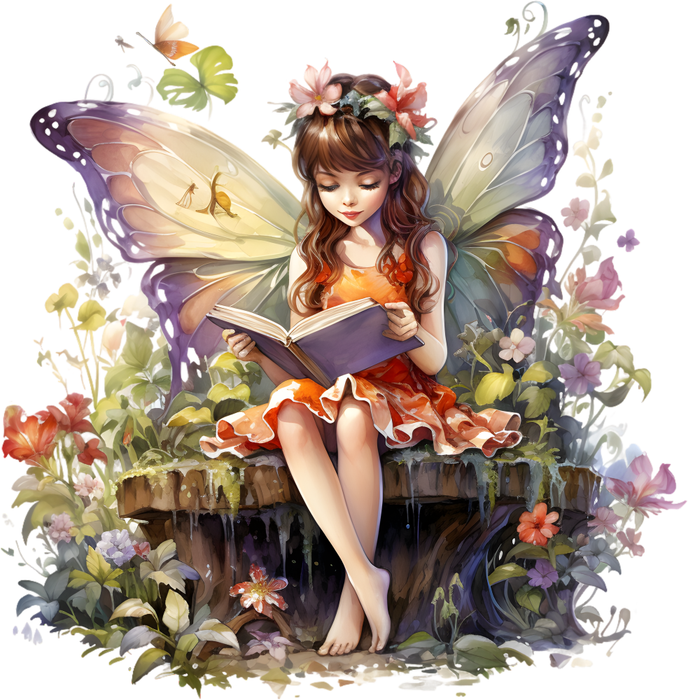 Motivtransfer 7555 Fee sitzt im Garten und liest ein Buch