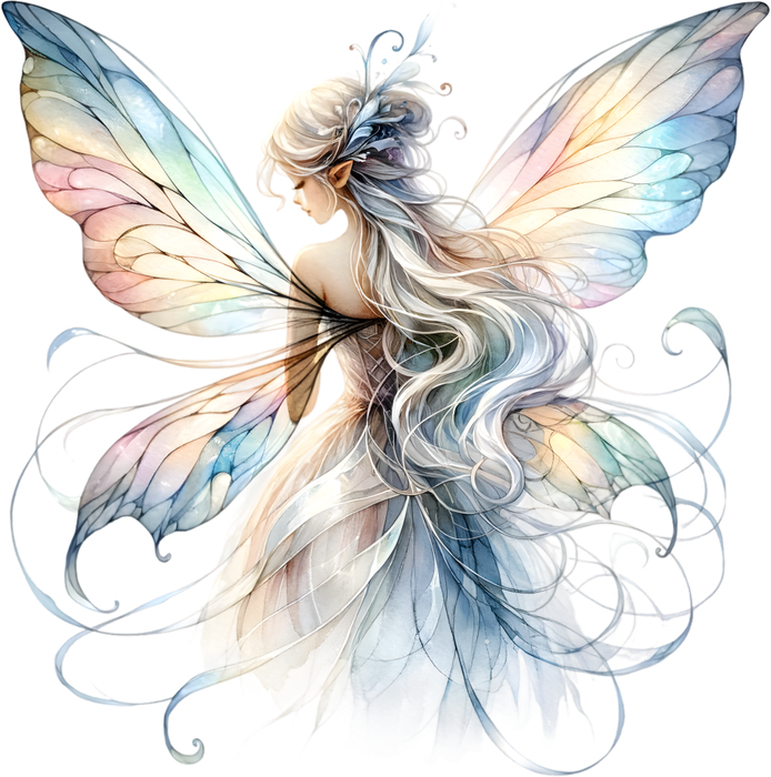 Motivtransfer 7560 Fee mit Regenbogenflügel im Nebel