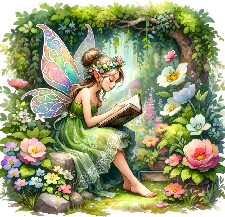 Motivtransfer 7566 Fee liest im Wald ein Buch