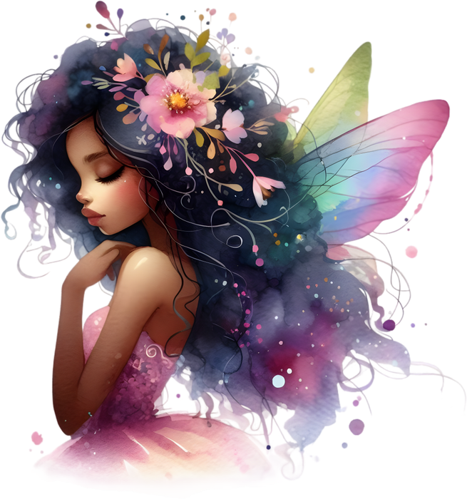 Motivtransfer 7602 Schwarzhaarige Fee mit bunten Flügeln