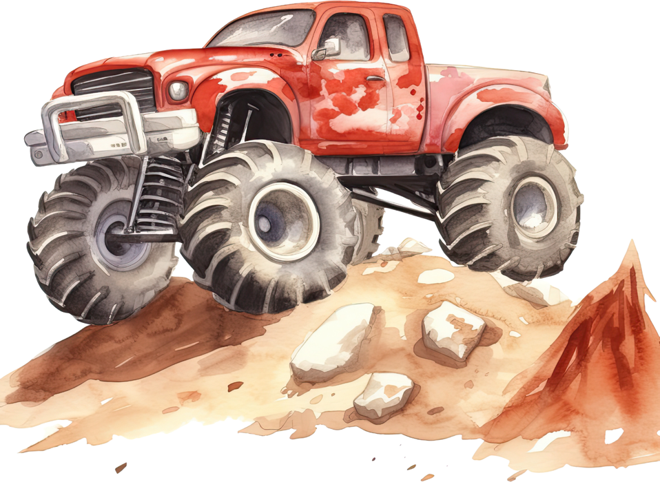 Motivtransfer 7611 Roter Monstertruck auf Fels Watercolor