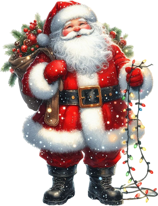 Motivtransfer 7641 Santa mit Geschenke und Lichterkette