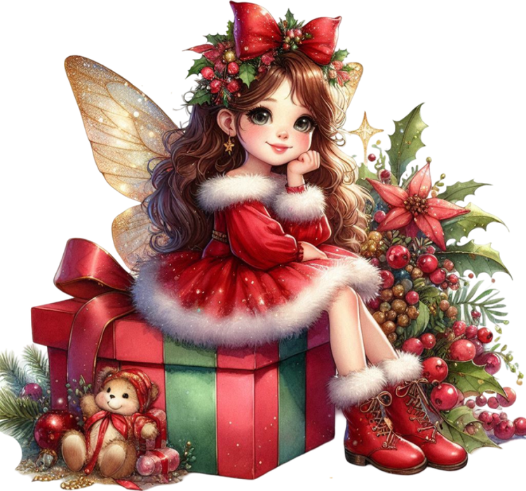 Motivtransfer 7993 Weihnachtsfee sitzt auf dem Geschenk