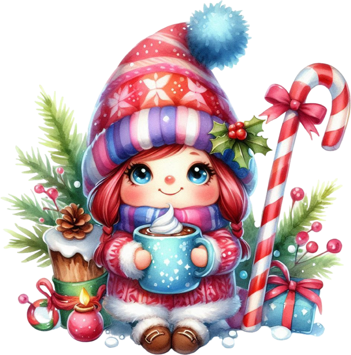 Motivtransfer 8053 Kleine Gnomin trinkt einen Kakao im Weihnachtsgrün