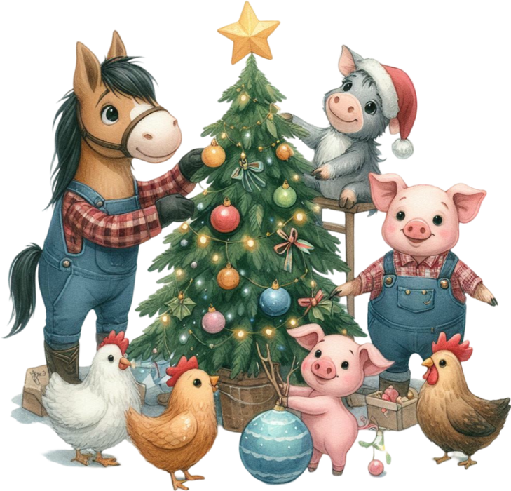 Motivtransfer 8141 Bauernhoftiere schmücken den Weihnachtsbaum