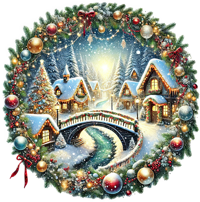 Motivtransfer 8542 Weihnachtsdorf mit Kranz und Brücke