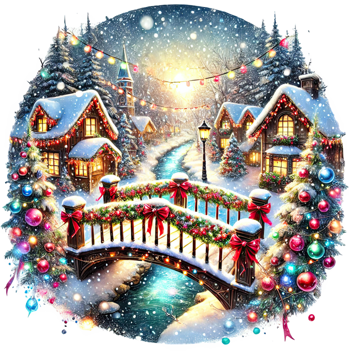Motivtransfer 8543 Weihnachtsdorf mit Lichtern und Brücke