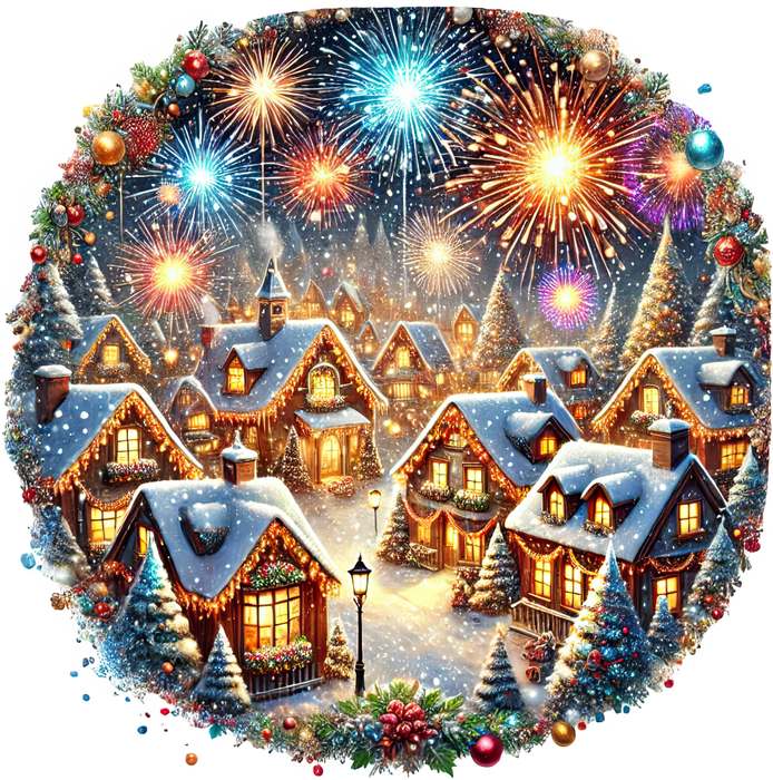 Motivtransfer 8555 Weihnachtsdorf mit Feuerwerk