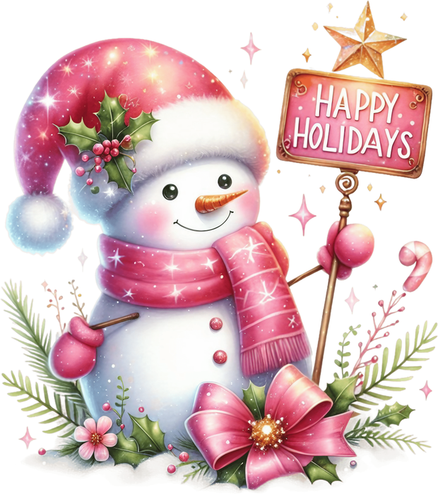 Motivtransfer 8616 Schneefrau mit Schild Happy Holidays