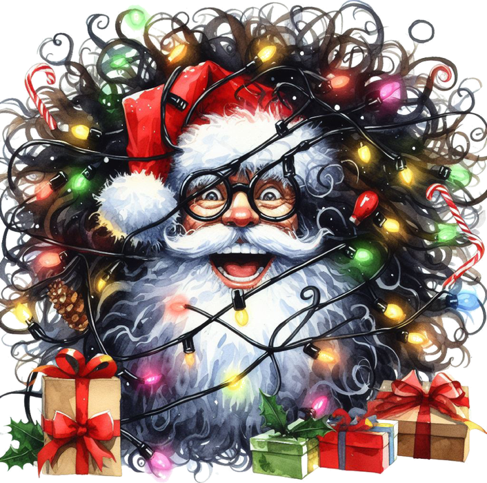 Motivtransfer 8677 Funny Santa mit Geschenken und krausem Haar