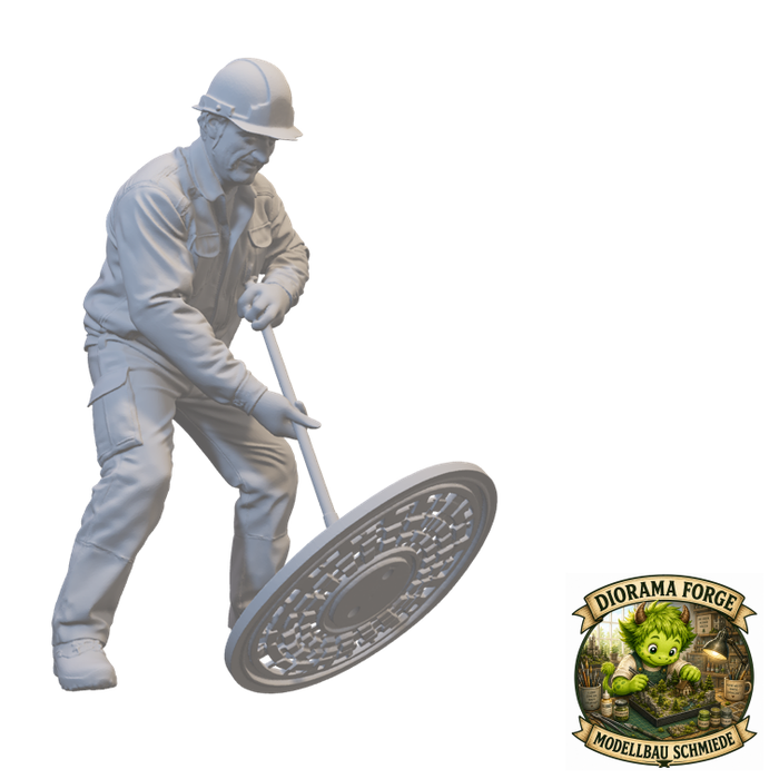 Kanalarbeiter öffnet Deckel mit Werkzeug - (DF-745)