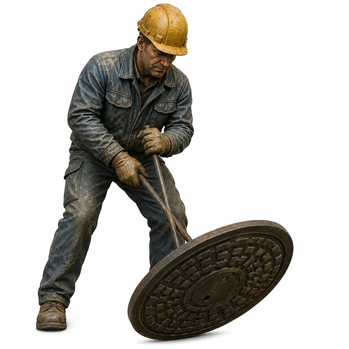 Kanalarbeiter öffnet Deckel mit Werkzeug - (DF-745)
