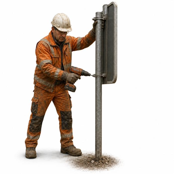 Strassenarbeiter montiert Schild - (DF-760)