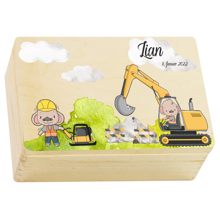 Erinnerungskiste / Erinnerungsbox / Spielzeugkiste Baustelle Bagger mit Bauarbeiter und Rüttelplatte